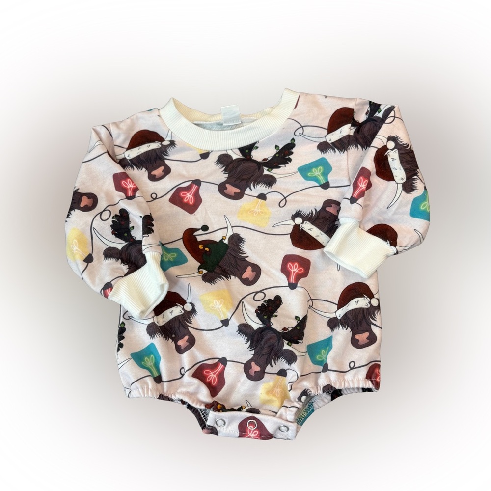 Adorable Highland Cow Festive Holiday Christmas Print Kids One Piece Sz‎ 6/9mths